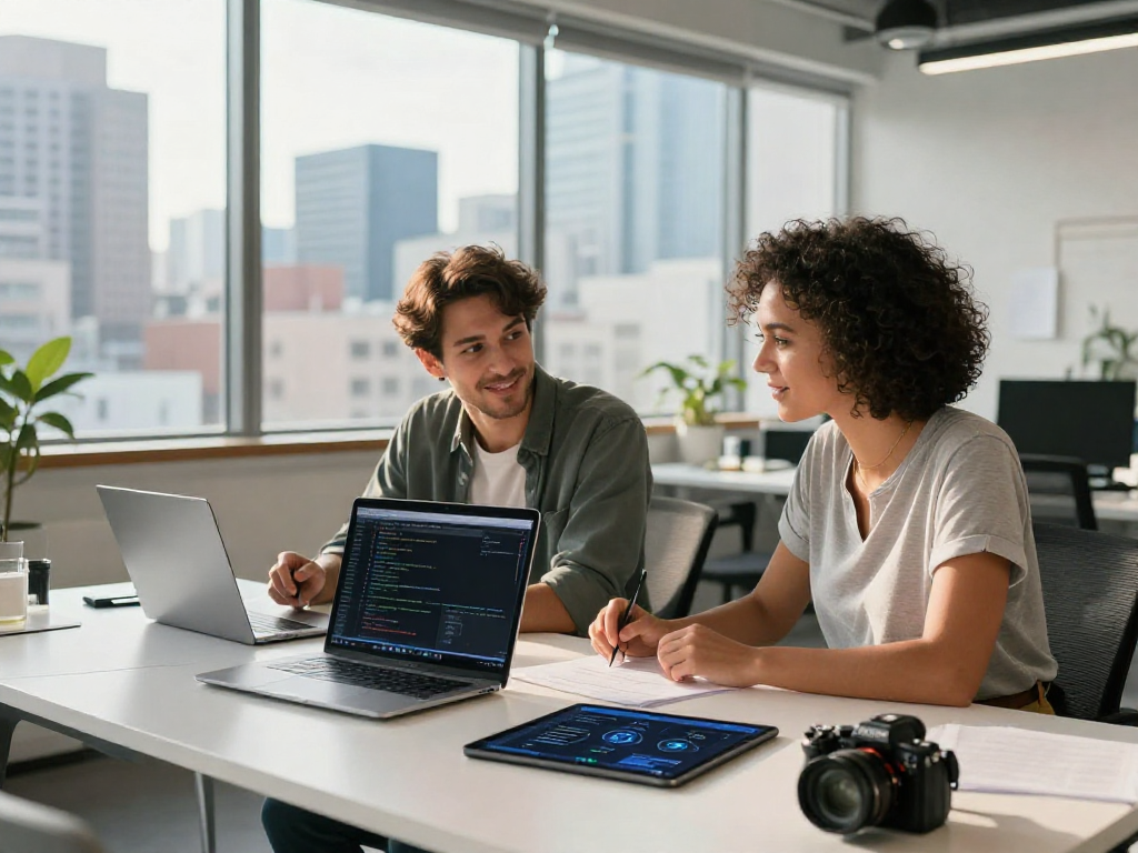 AI gf tech collaboration in modern workspace with laptops and design mock-ups.