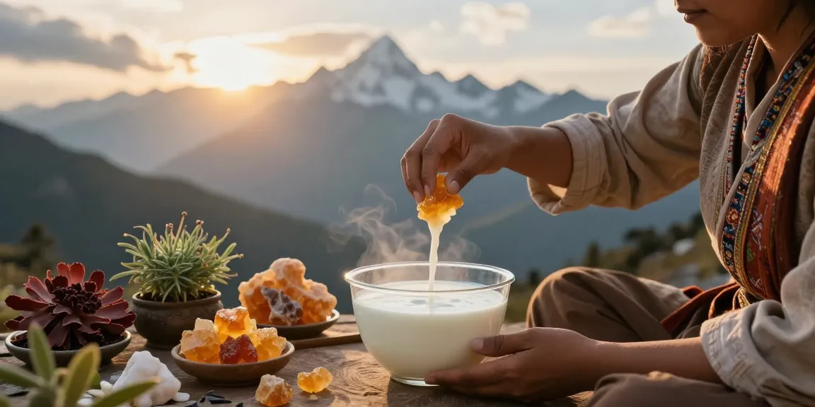 Buy shilajit online in Australia, showcasing a serene scene with a person using Shilajit resin in warm milk amidst the Himalayan backdrop.