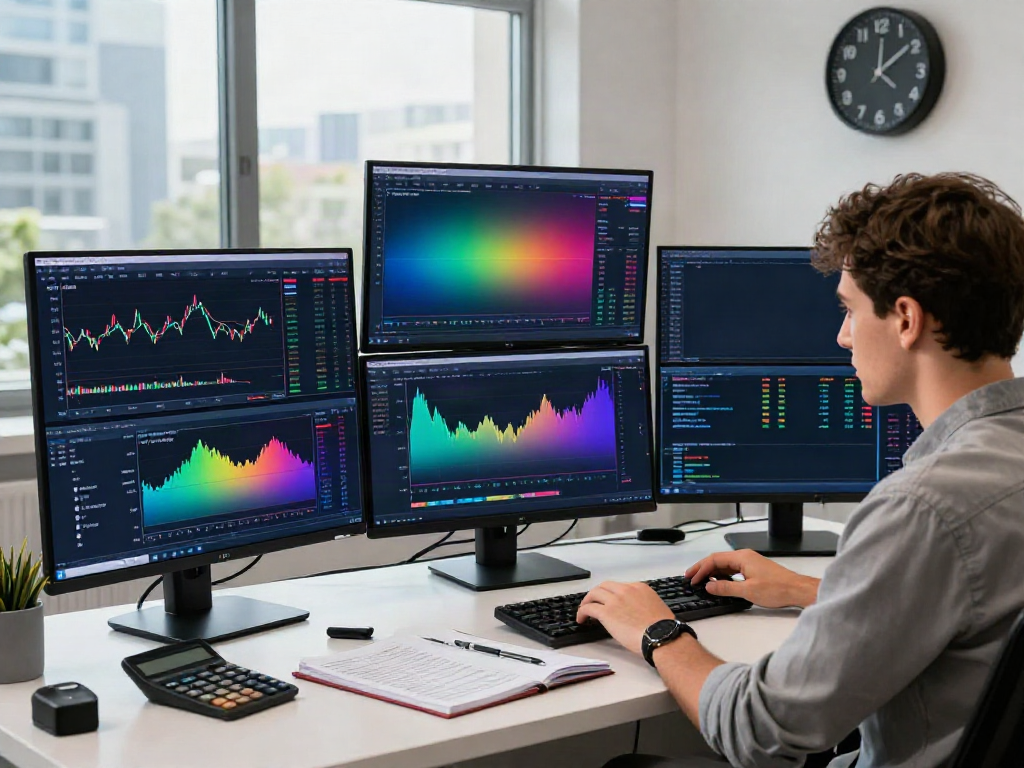 Trader using MetaTrader 5 to analyze market data in a modern office.