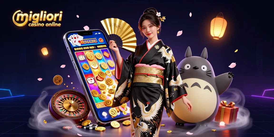 Vivi un'esperienza di gioco emozionante nei migliori casino online con una vivace scena 3D di una graziosa donna asiatica in un kimono e dinamici elementi di gioco.