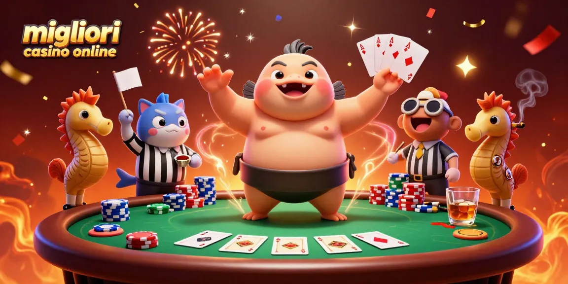 Vivi un'esperienza di gioco emozionante nei migliori casino online con un arbitro fugu e una vivace scena di poker.