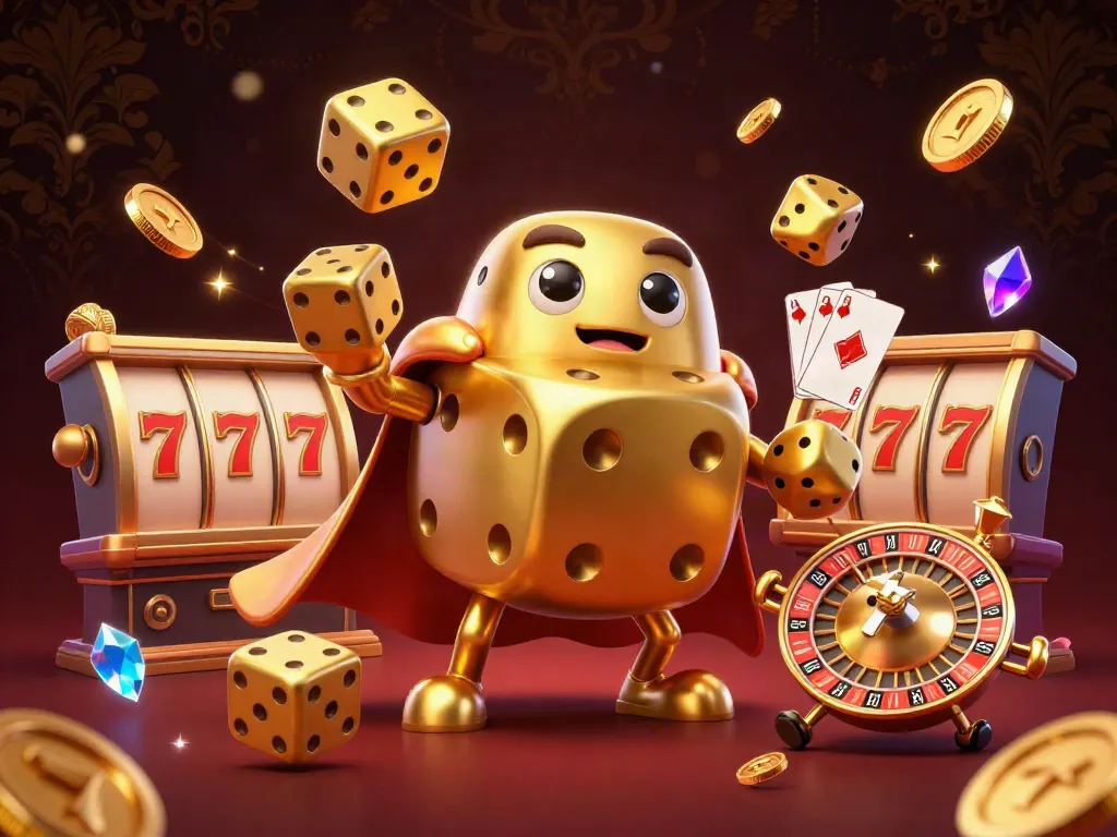 Experience the excitement of เว็บสล็อต with a dynamic scene featuring a golden dice golem, slot reels, and jackpot symbols.