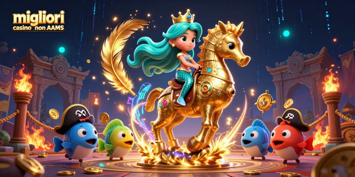 Migliori casino non AAMS: Scopri l'emozione di una vivace scena di casinò 3D con una sirena e un cavalluccio marino.