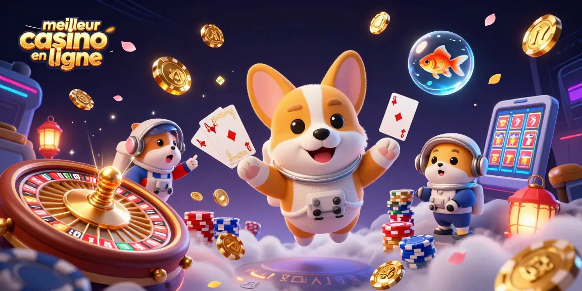 Visualisation des jeux au meilleur casino en ligne avec un corgi astronaute flottant.