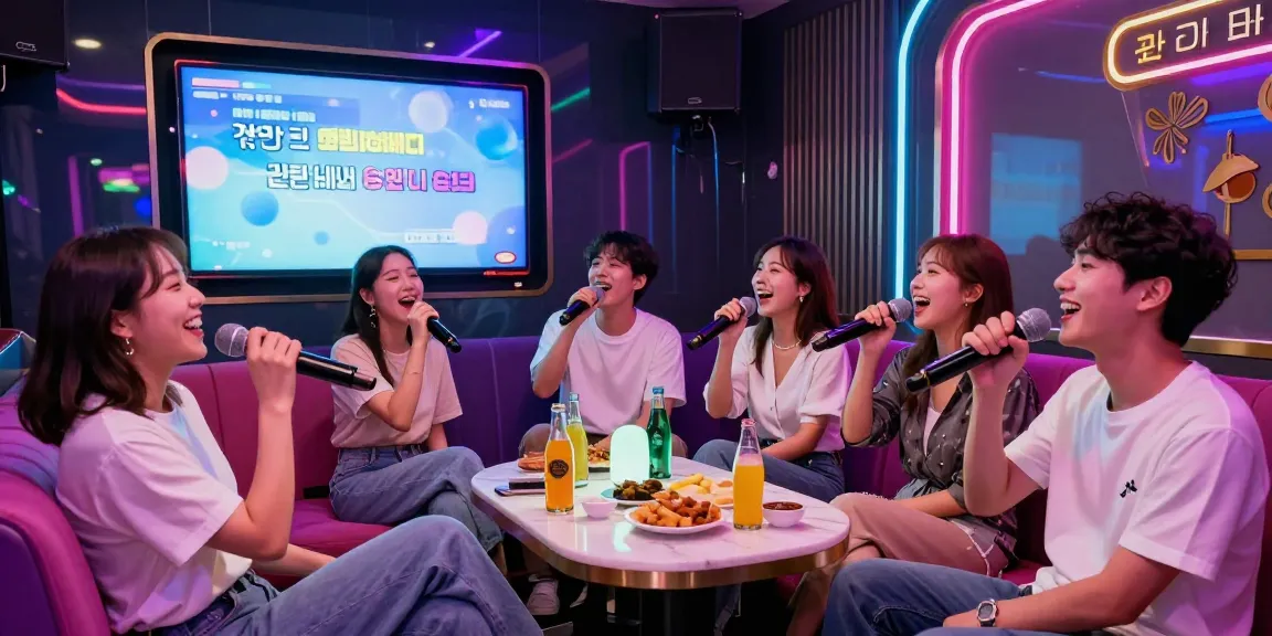 Friends enjoying a fun night at 강남노래방, singing with enthusiasm under colorful lights.