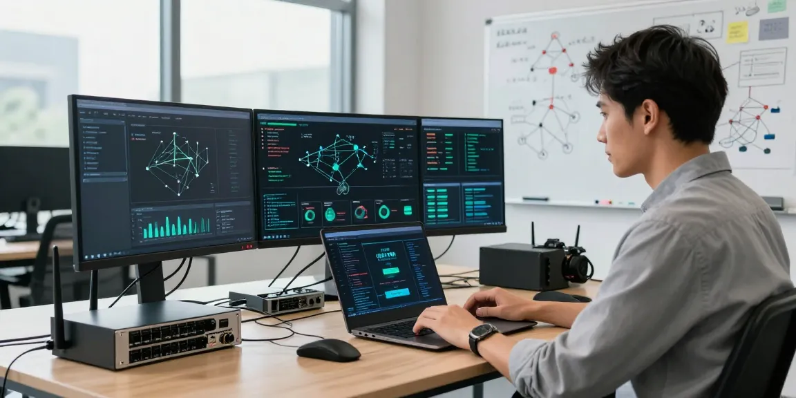 Network engineer optimizing 快连 VPN settings in a modern tech workspace with multiple monitors and networking equipment.