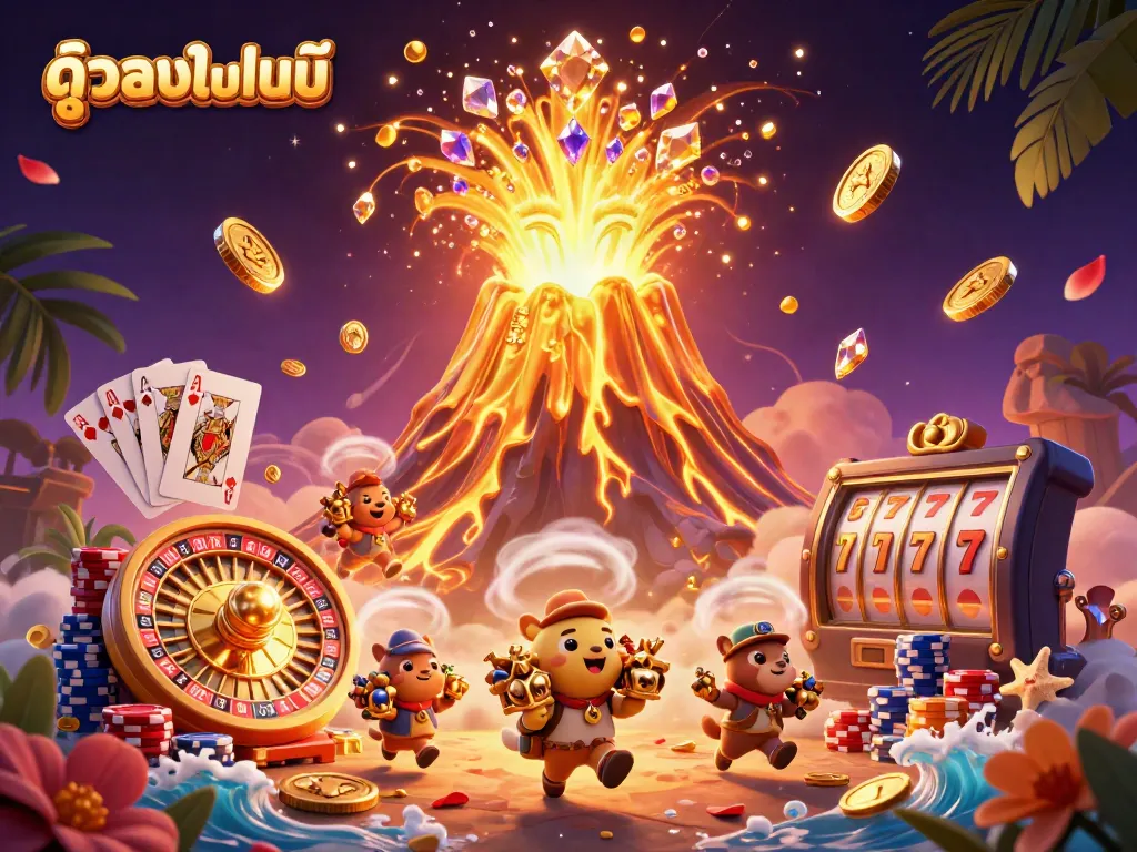Experience thrilling ดูบอลออนไลน์ with a golden volcano erupting treasures, sports elements, and vibrant casino action.