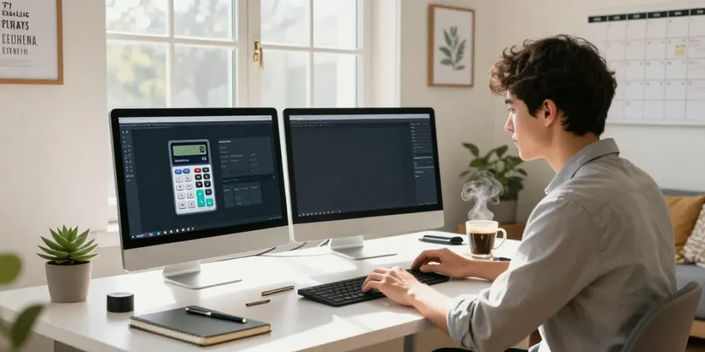 Calculator Online user engaged in calculations in a bright home office with dual monitors.
