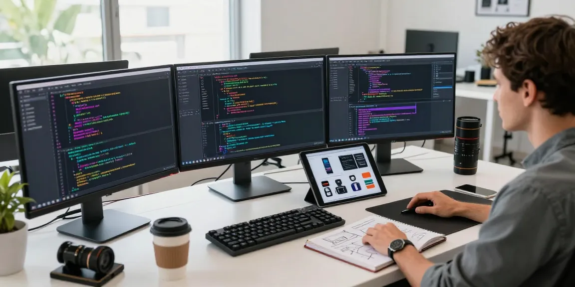 Engaging tech workspace depicting a programmer coding with 纸飞机中文版 on multiple screens, highlighting creativity in software development.