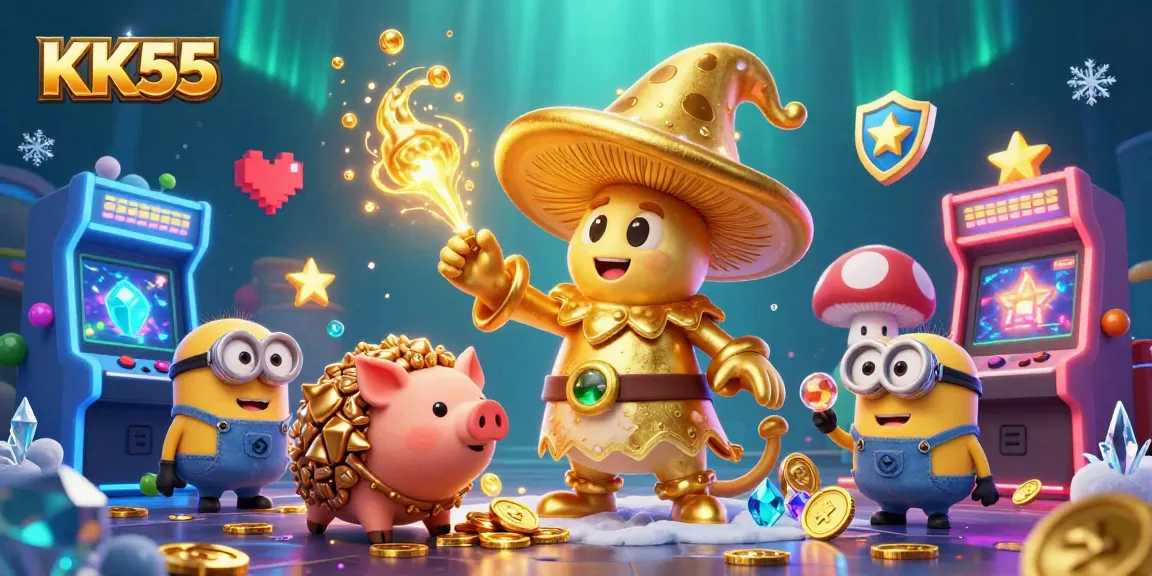 Experience the magic at KK55 with a wizard turning treasures into gold amid vibrant casino elements.