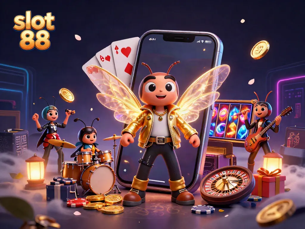 Experience the vibrant energy of slot 88 with a unique rock star scene filled with slot game elements.