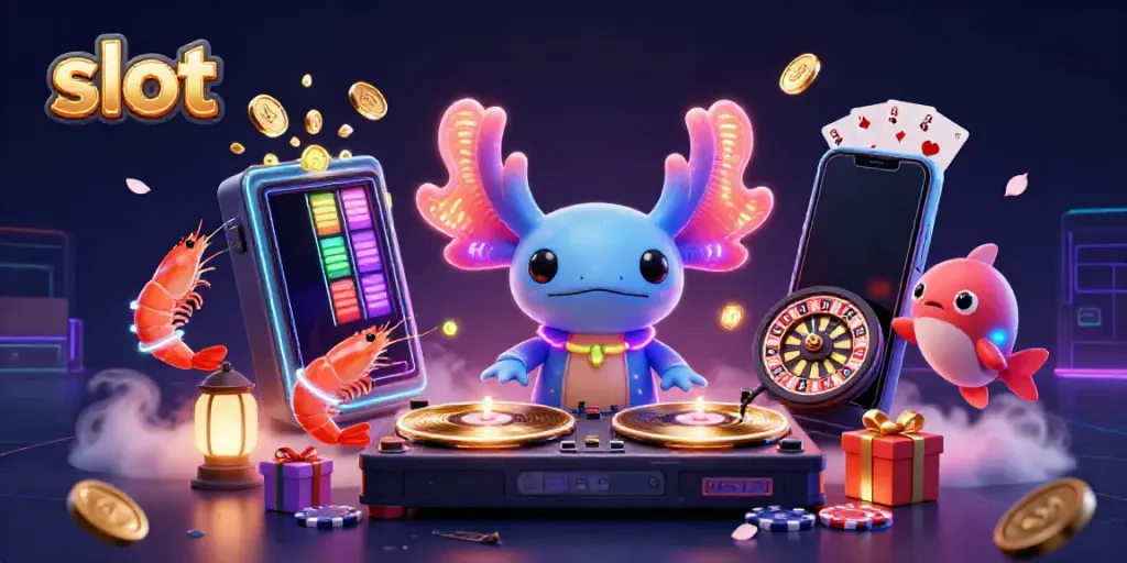 Axolotl DJ menampilkan permainan slot dengan koin emas dan kartu di sekitarnya.