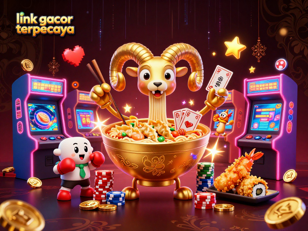 Gambaran slot menarik dengan link gacor terpercaya, karakter kartun kasino dan mesin arcade 3D