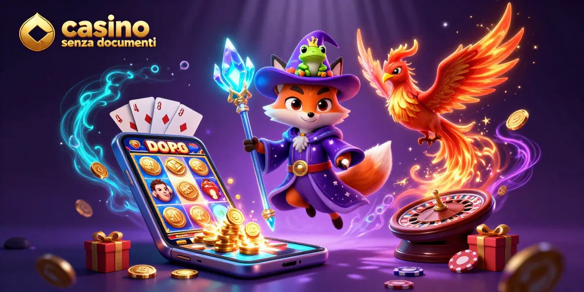 Casino senza documenti presenta una scena magica con una volpe strega, una fenice e elementi di gioco come slot machine e carte da poker.