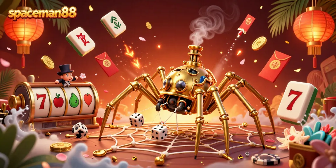 Engage with slots at spaceman88 in a vibrant casino scene featuring a steampunk spider and lucky elements.