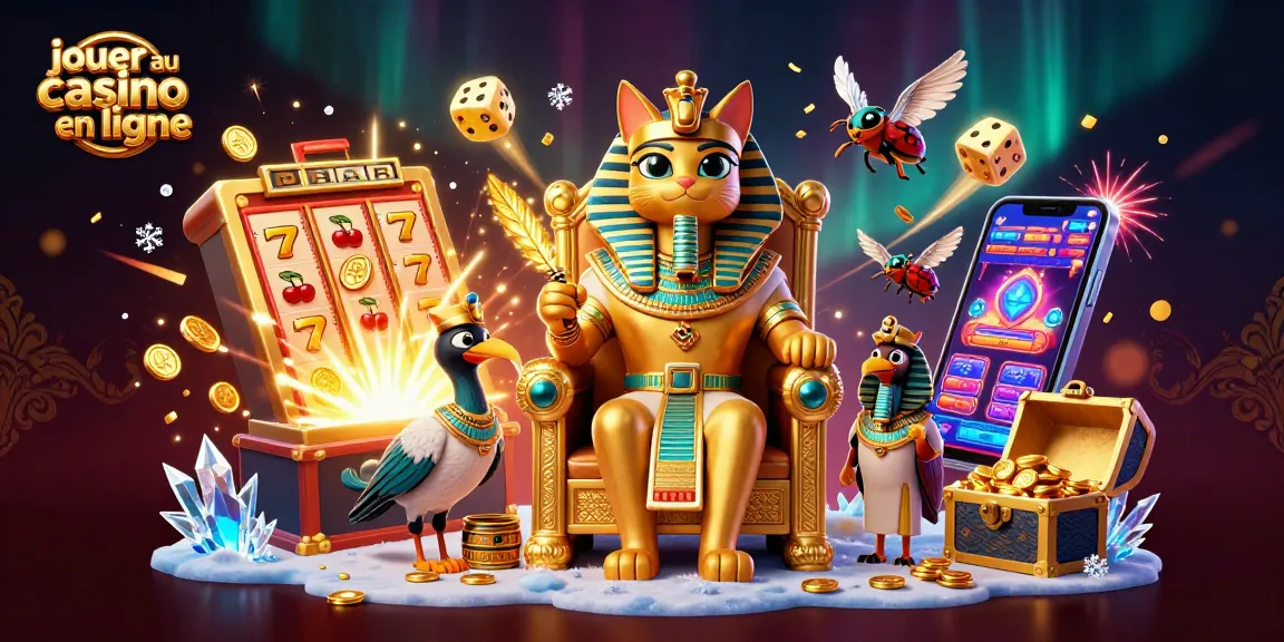 jouer au casino en ligne avec un chat pharaon égyptien sur un trône doré entouré de machines à sous