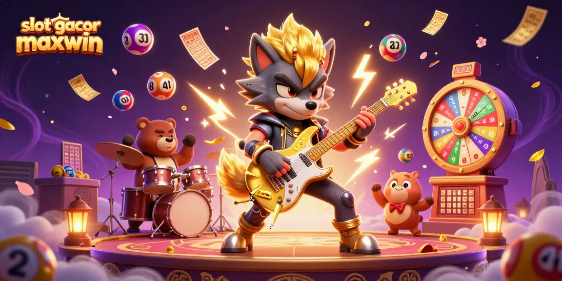 Slot gacor maxwin menampilkan keseruan kasino dengan karakter kartun 3D rock star dan drummer dalam suasana festival jackpot.
