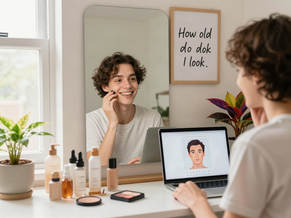 Person smiling while checking how old do I look using a mirror in a cozy home setting with skincare and motivational quotes.