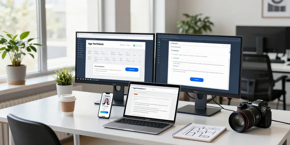 Developer reviewing age verification system technology in a modern workspace