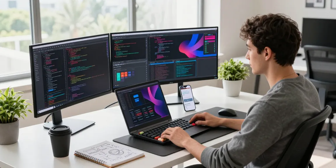 Developer using openclaw at a modern tech workspace, engaging with multiple screens and design software.