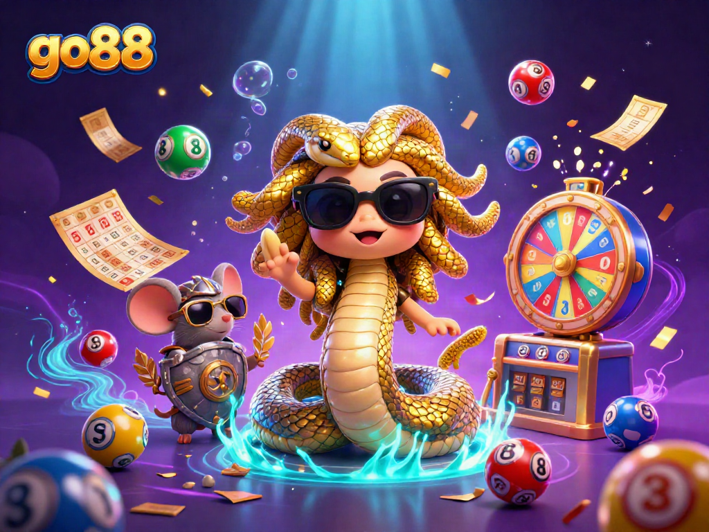 Engage in exciting gaming at go88, with immersive characters, vibrant lottery elements, and dynamic casino atmosphere.