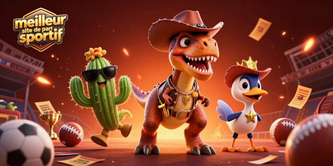 Pariez sur le meilleur site de pari sportif avec une scène dynamique incluant un dinosaure cowboy et des éléments de pari.