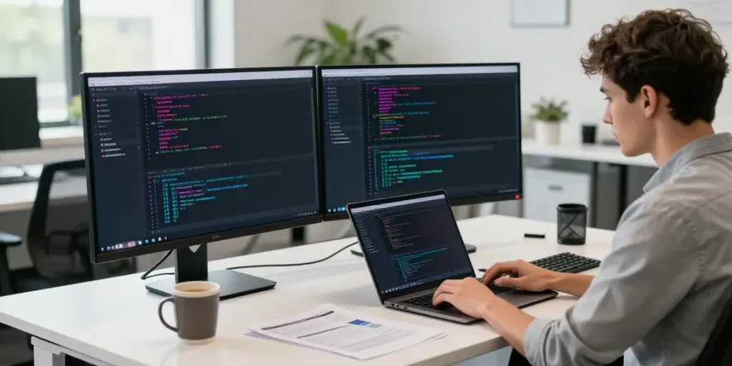 Developer working on open-source projects at h5.2113.net in a modern office.