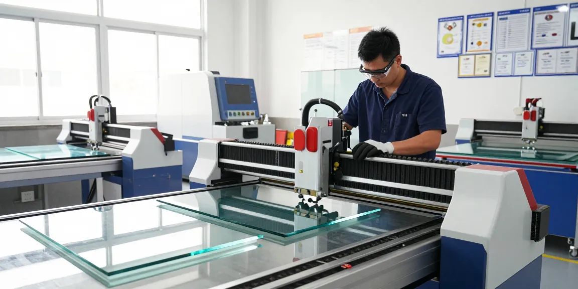 CNC glass cutting machine being operated in a modern glass processing workshop with advanced equipment.