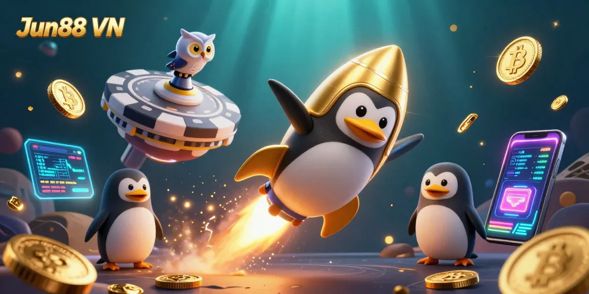 Engage with Jun88 VN, featuring a penguin and casino elements in vibrant 3D illustration.