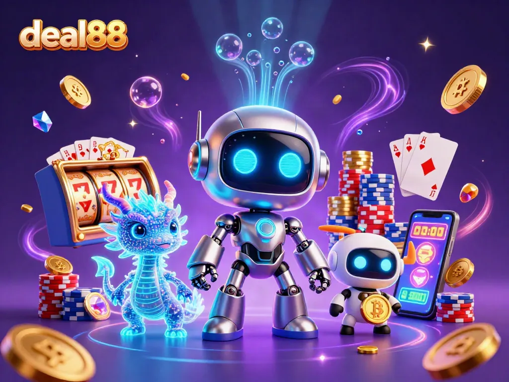 Win big with deal88 in an exciting casino scene filled with colorful game elements and vibrant characters.