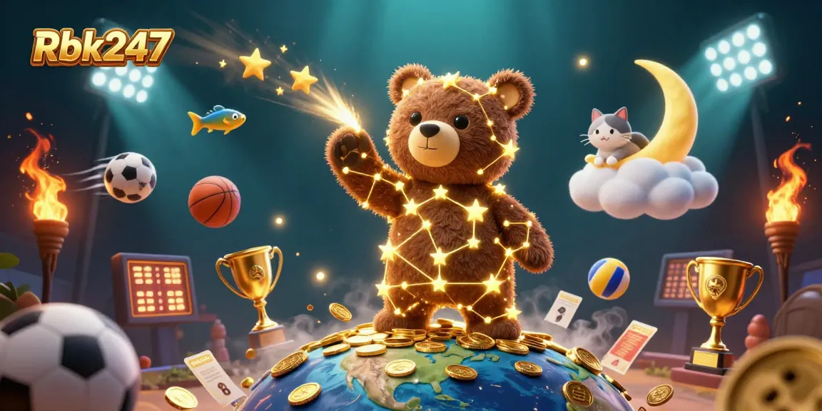 Engage with Rbk247 as the constellation bear scoops coins in a vibrant casino-themed digital scene.