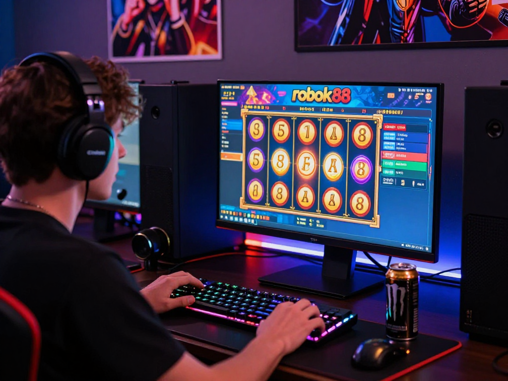 Player enjoying a thrilling moment with rokok88 slot on screen, showcasing immersive online gaming atmosphere.