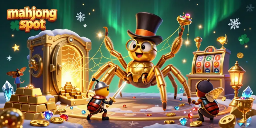 Experience thrilling play with mahjong slot surrounded by treasures and enchanting characters in a dynamic casino scene.