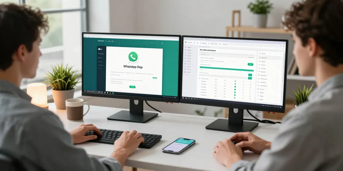 Professional using WhatsApp網頁版 in a modern workspace, showcasing technology and productivity.