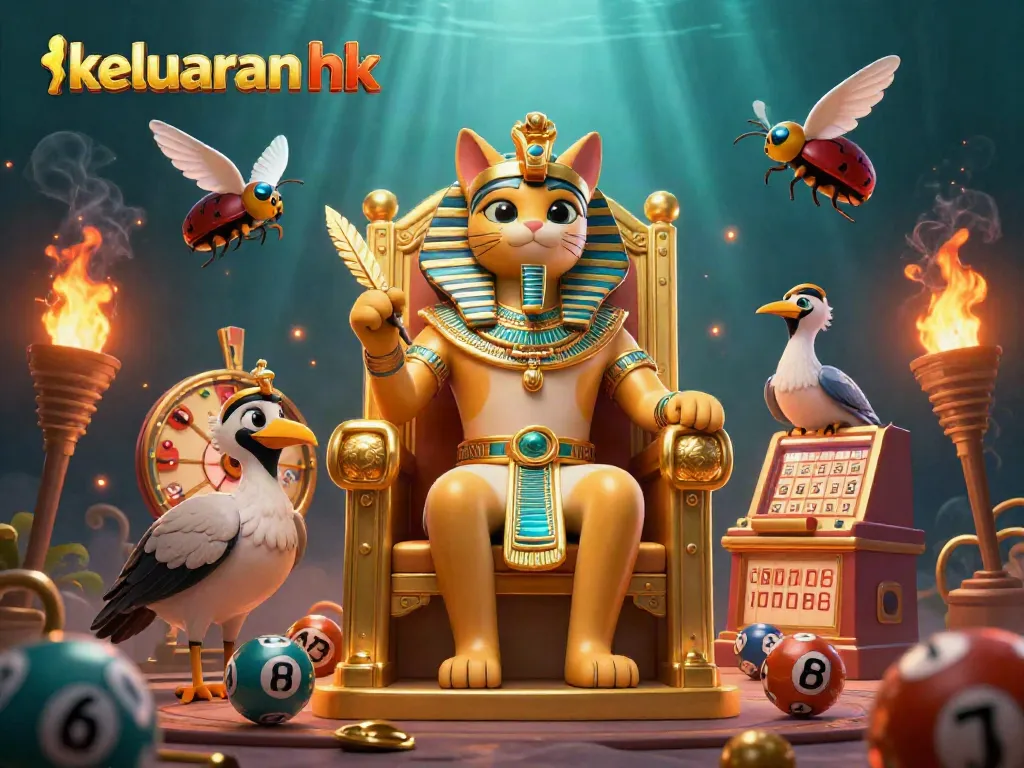 Pengeluaran hk dalam ilustrasi lotere, dengan pharaoh kucing dan elemen menarik lainnya.