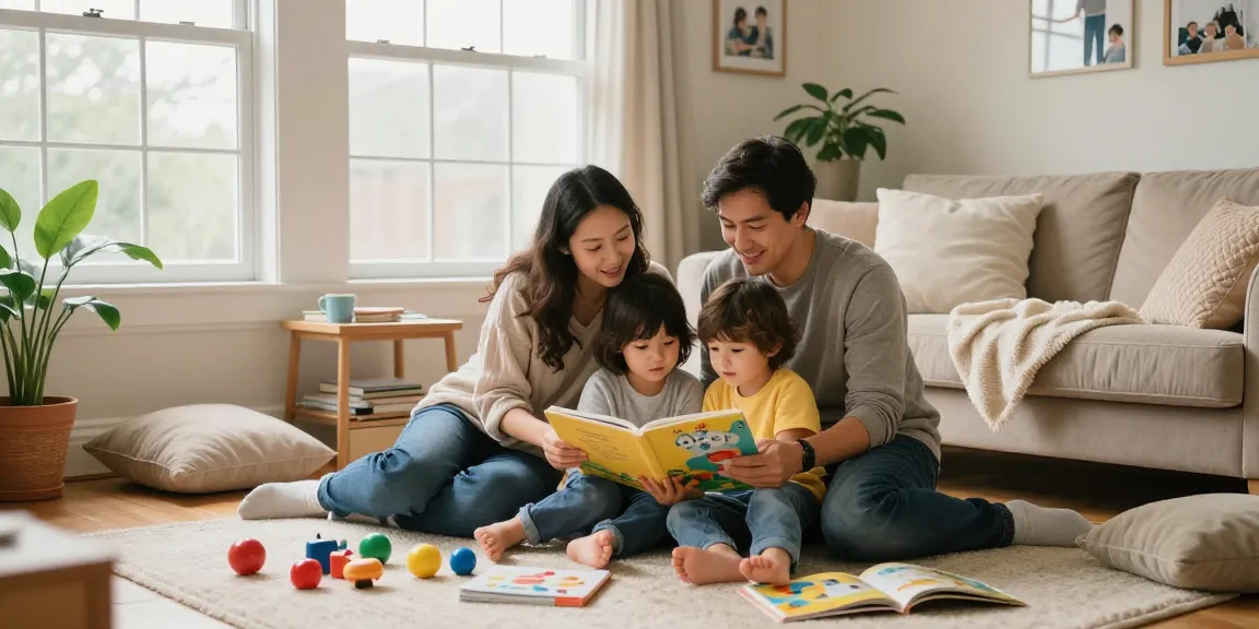 Engaging family time with parents and children reading together, showcasing rokok88's focus on parenting.