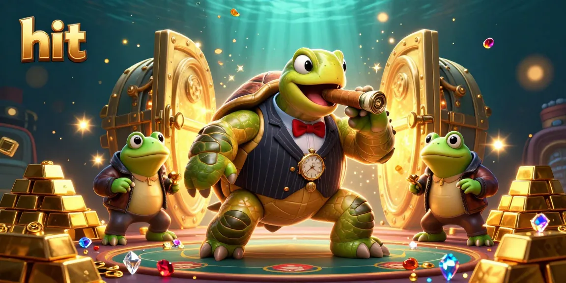 Experience the hit action at the casino with a turtle in a suit, dazzling treasures, and vibrant game elements.