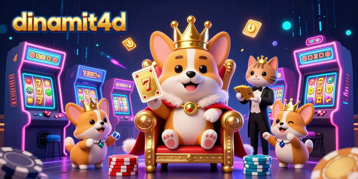 Experience the thrill of dinamit4d with an exciting 3D illustration featuring royal corgi and casino elements.
