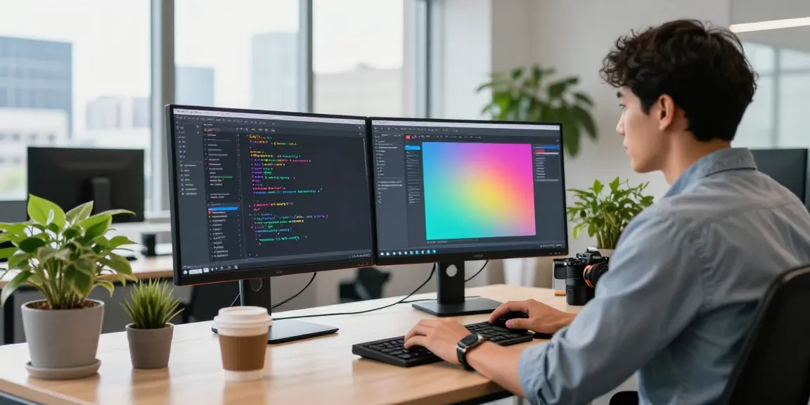 Programming workspace at telegramin-cn.com with dual monitors showing code and vibrant interface design.