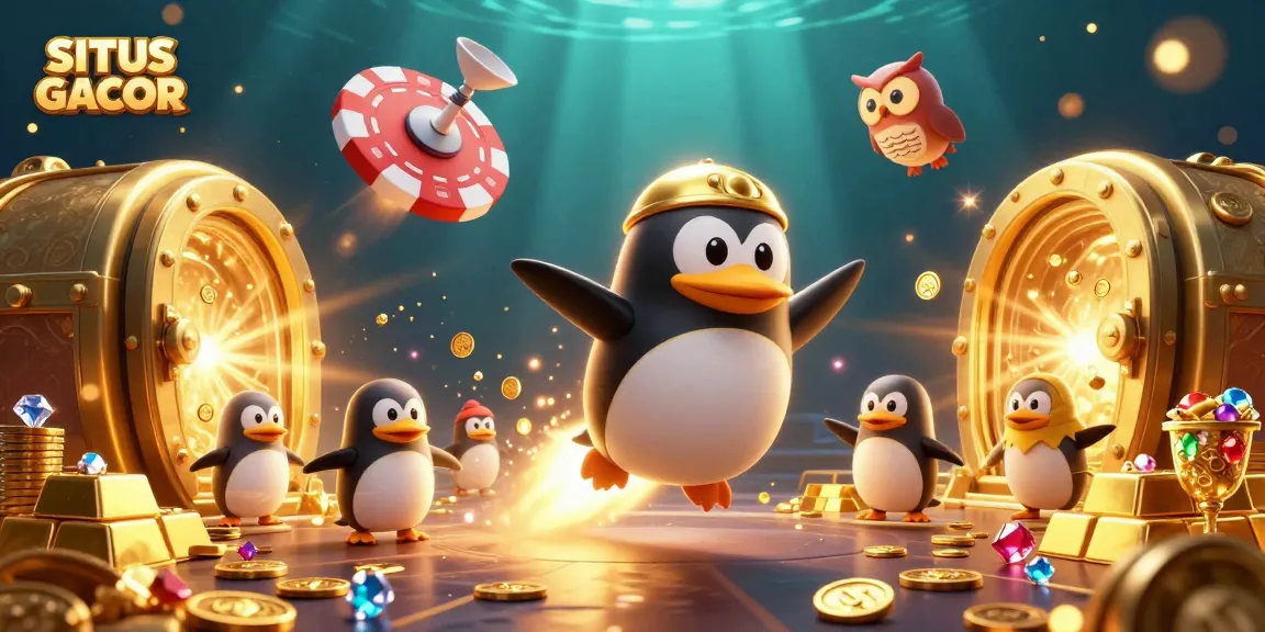 Engage with SITUS GACOR through a vibrant 3D depiction of a golden penguin and a casino space station.