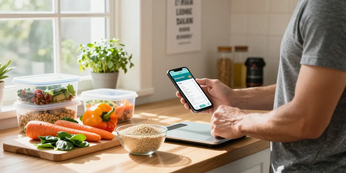 Using the best macro tracking app to prepare a healthy meal in a bright kitchen with fresh ingredients.