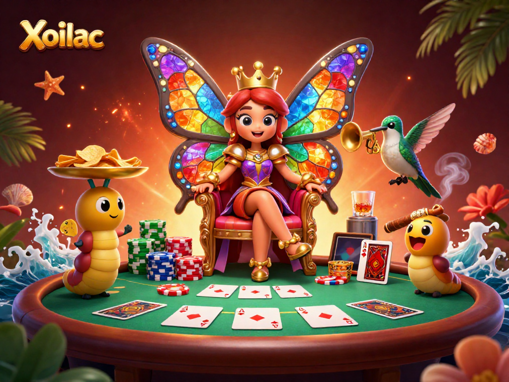 Xoilac casino queen presides over a vibrant poker scene, showcasing colorful chips and hands