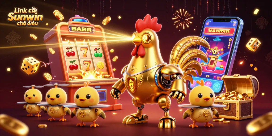 Engage in thrilling gaming with Link vào Sunwin chính thức, featuring a vibrant retro-futuristic scene with dynamic casino elements.