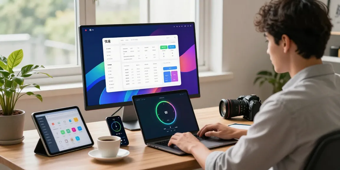 快连 app interface shown on a monitor in a modern home office highlighting productivity and tech innovation.