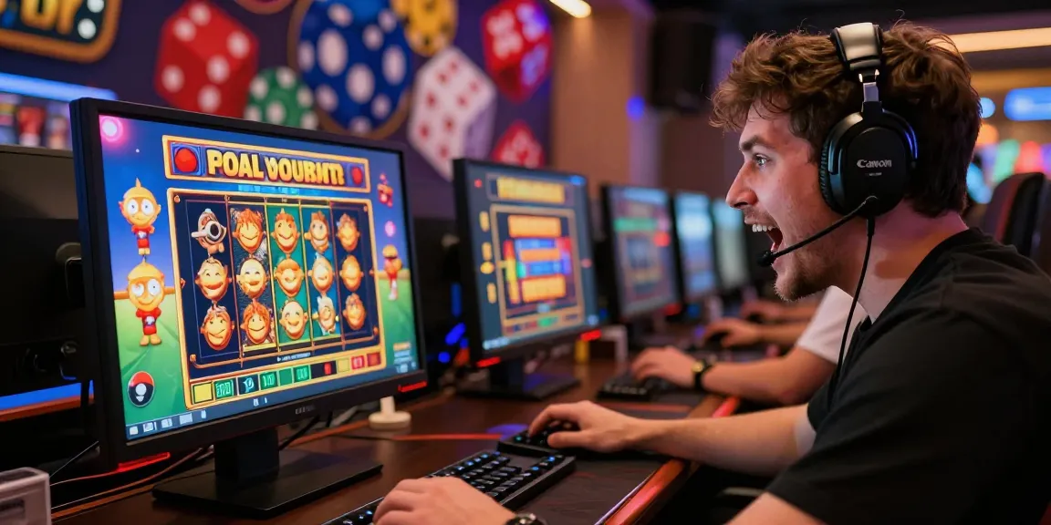 Kudaliar89, pemain slot online merayakan jackpot dengan layar menampilkan kemenangan dan dekor warna-warni.