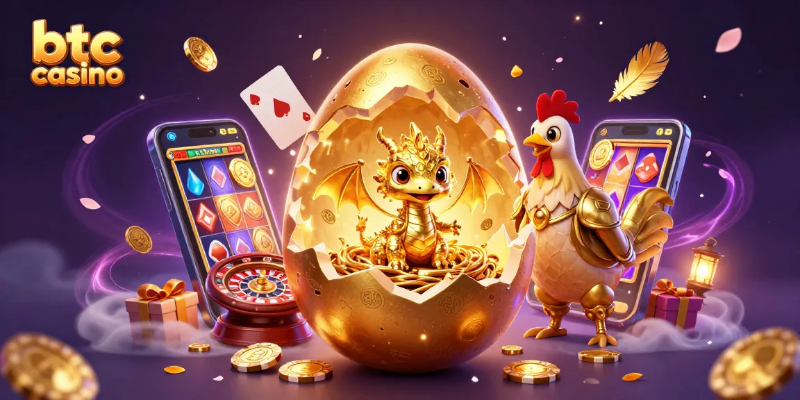 Gioca al btc casino rivelando un drago d'oro che emerge da un uovo, circondato da giochi e chip.