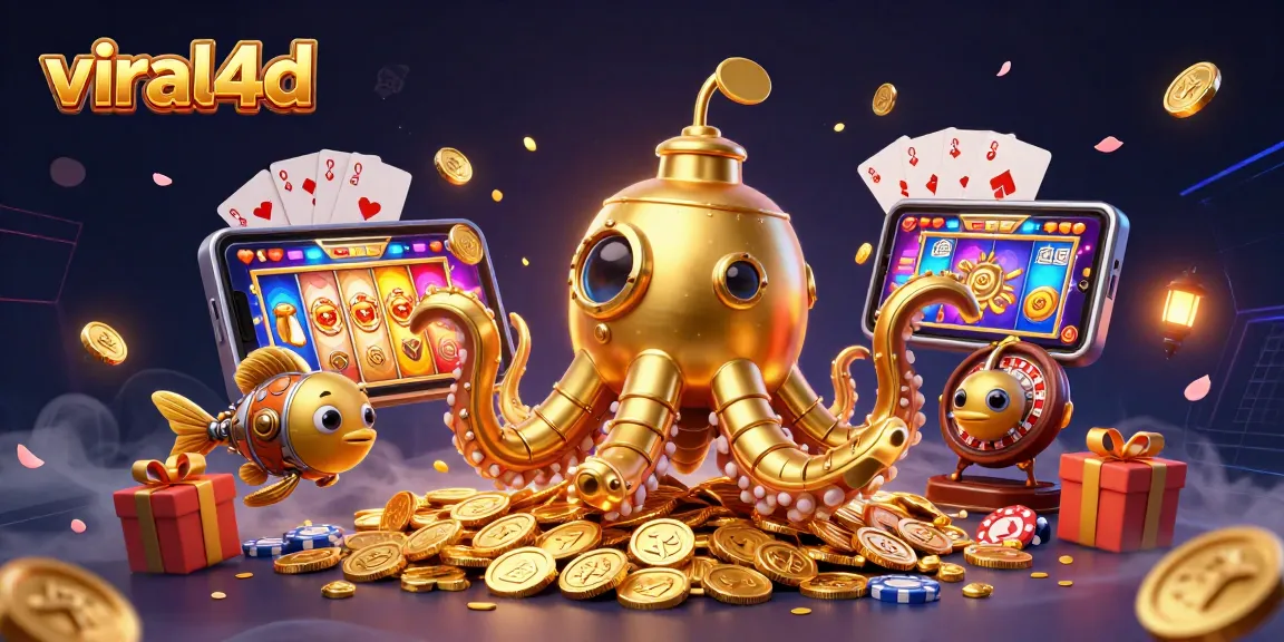 Selami keseruan permainan di viral4d dengan slot game yang berputar dan koin emas menyebar.
