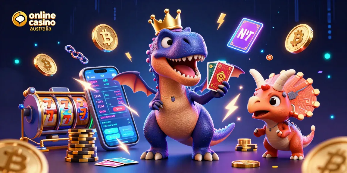 Engage in exciting gameplay at online casino australia with whimsical T-Rex shuffling cards and stacking chips.