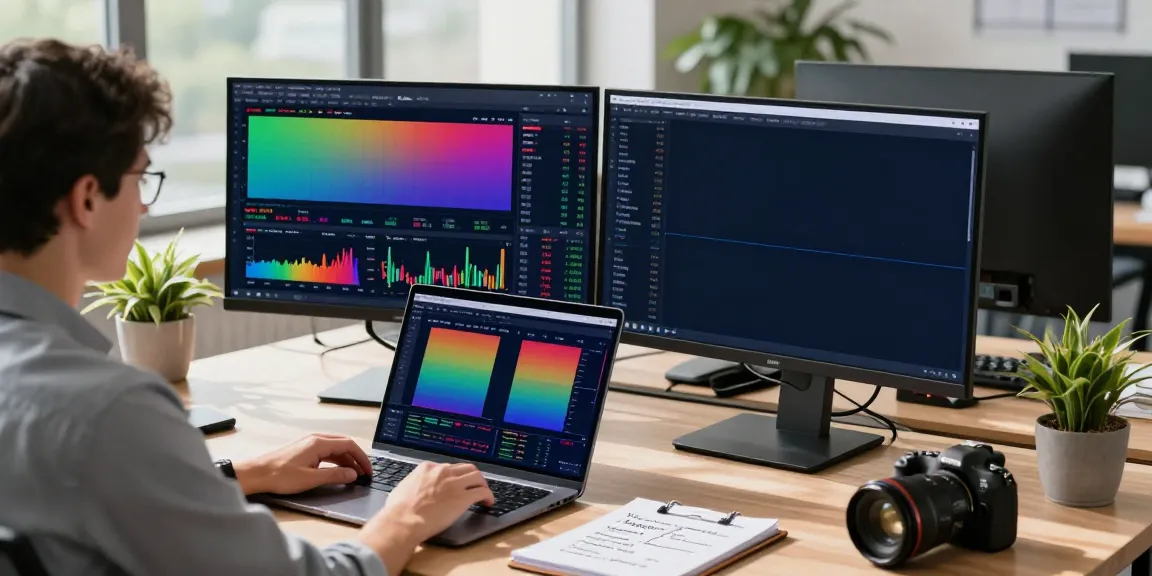 Trader using TradingView software in a modern workspace with dual screens, analyzing financial charts and metrics.
