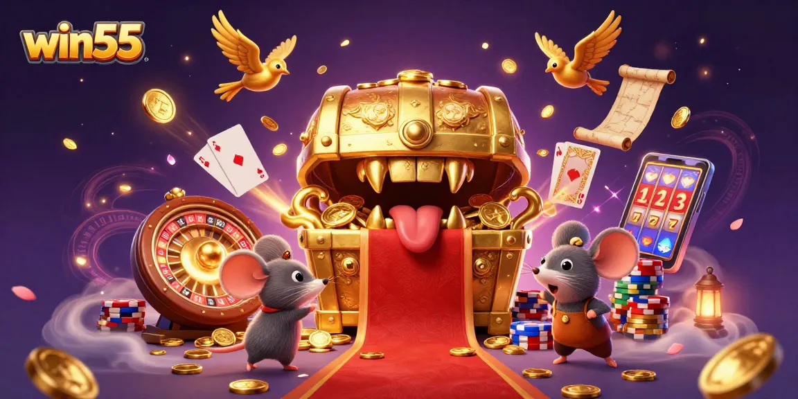 Experience the excitement of win55 with a bustling casino scene featuring treasure chests and golden coins.